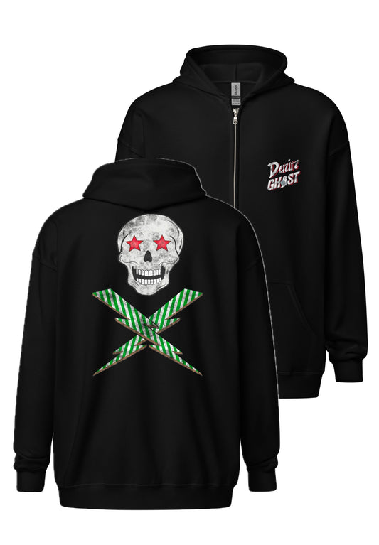 Skull and Lightning Distressed Zip Hoodie